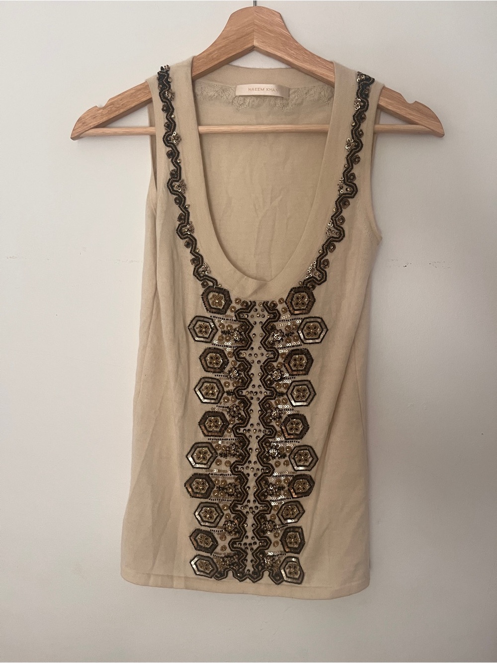 Naeem Khan Beige Cashmere Tank Top with Metallic Beaded Embellishment